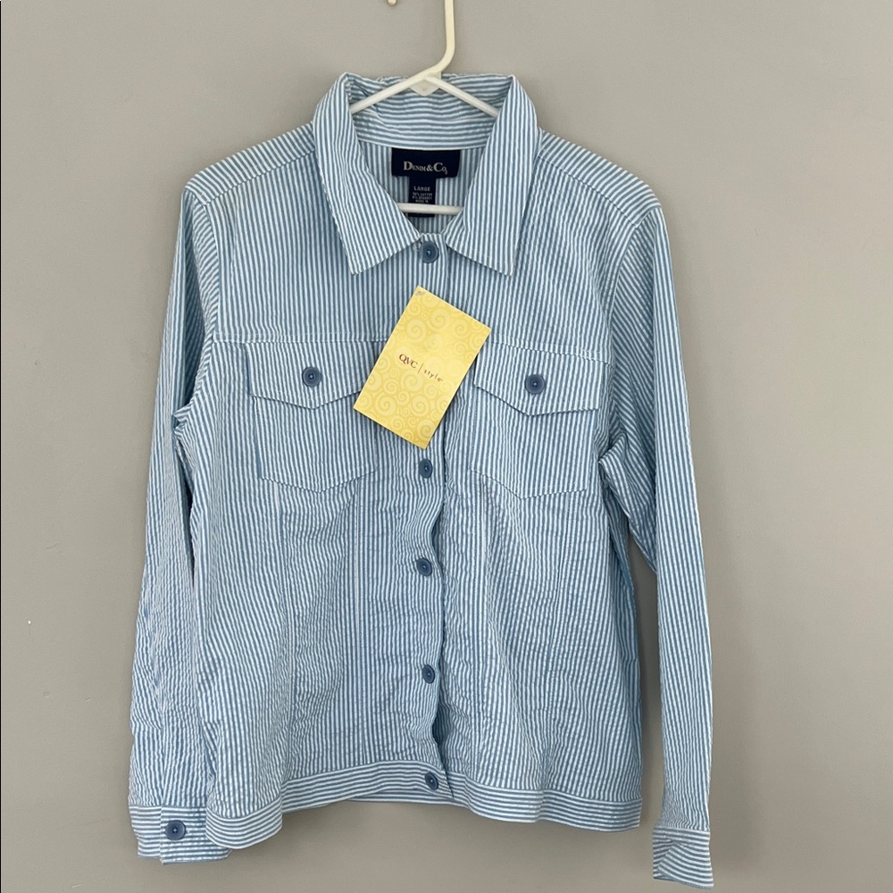 Denim&Co Light Blue and White Striped Jean Jacket